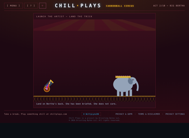 Chill Circus — aim the cannon and land the flying artist on the swing
